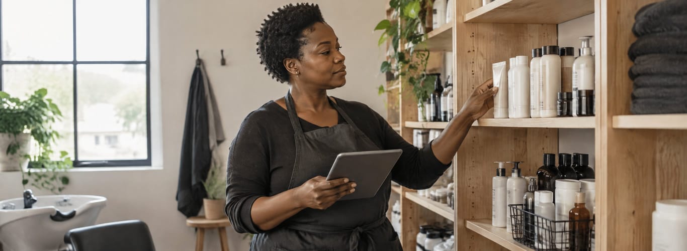 Salon owner counting retail stock on the shelves with a tablet in hand.