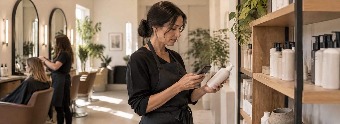 Salon manager checking a product bottle against her phone on the retail shelf during a busy day.