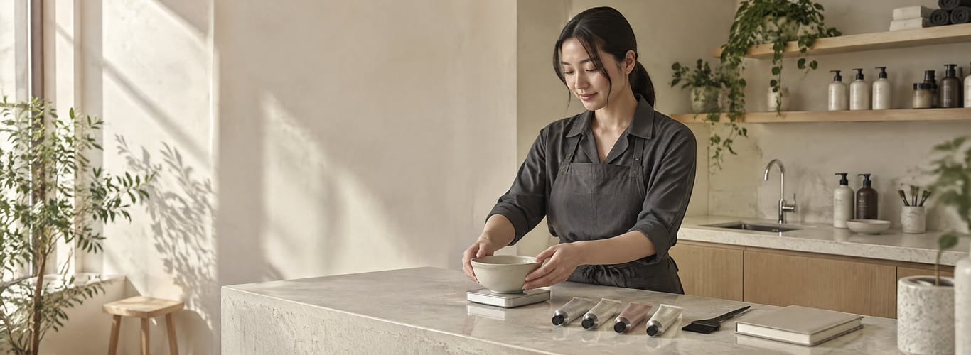 Stylist weighing a color bowl on a digital scale beside tubes and a tint brush.