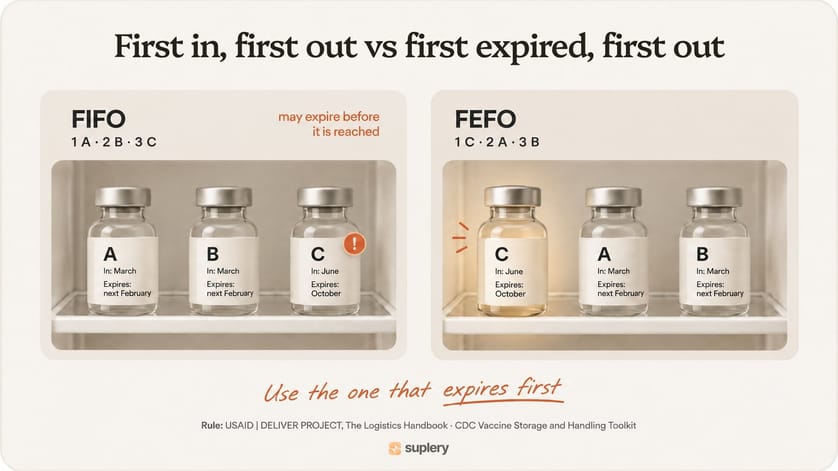 Three vials ordered by FIFO and by FEFO, showing that FEFO uses the vial that expires first