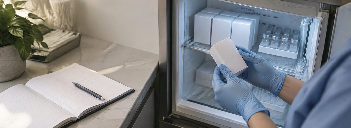 Gloved med-spa hands taking a boxed product from the fridge next to an open log book.