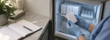 Gloved med-spa hands taking a boxed product from the fridge next to an open log book.