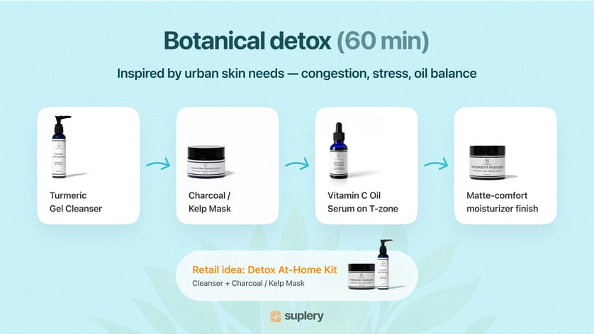 Protocol infographic for b.Skincare Botanical Detox facial — turmeric cleanser, charcoal kelp mask, vitamin C oil serum, matte moisturizer.