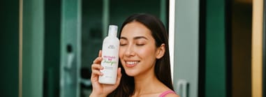 Smiling woman holding Agua de Cielo Recover Me Shampoo bottle for damaged hair repair.
