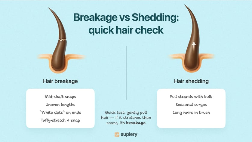 Quick hair check infographic showing differences between breakage and shedding.
