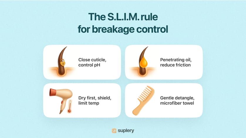 Infographic of the S.L.I.M. rule for breakage control with four hair care steps.