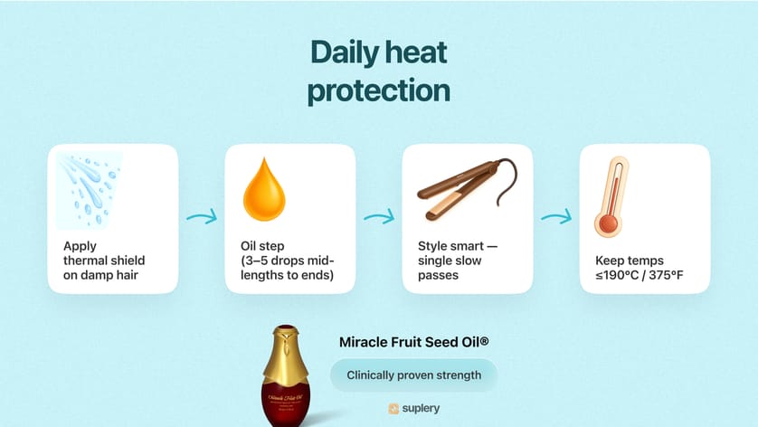 Daily heat protection routine infographic featuring Miracle Fruit Seed Oil.