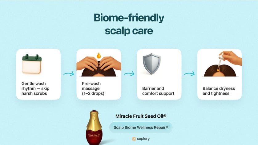 Scalp care infographic showing gentle, biome-friendly routine with Miracle Fruit Seed Oil.