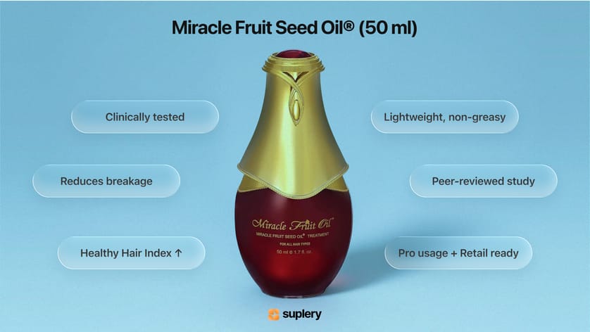 Miracle Fruit Seed Oil bottle with key benefits like reducing breakage and being clinically tested.