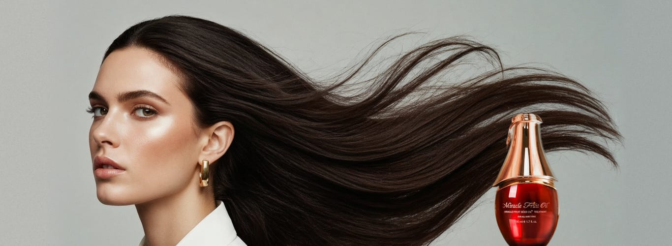 Woman with long, shiny hair flowing alongside a bottle of Miracle Fruit Oil hair treatment.