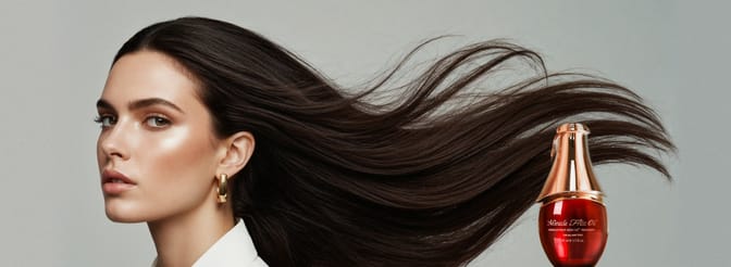 Woman with long, shiny hair flowing alongside a bottle of Miracle Fruit Oil hair treatment.
