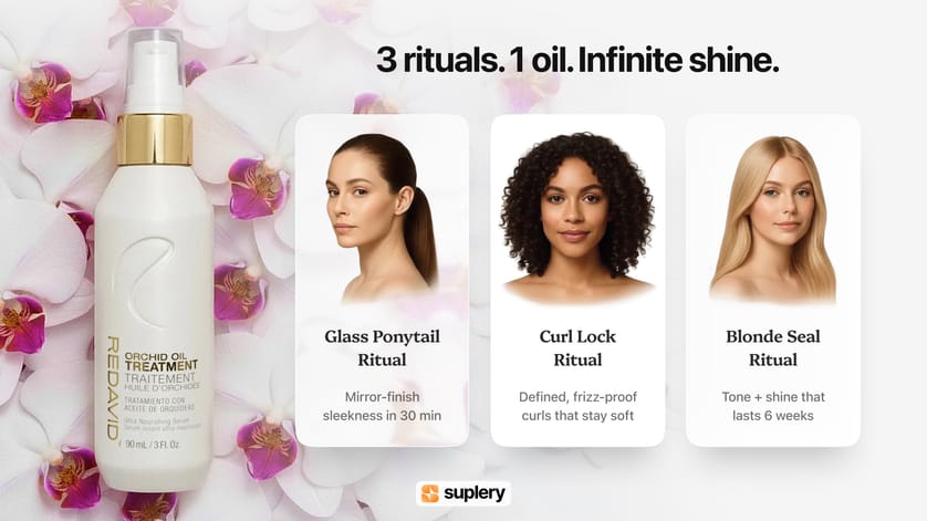 Redavid Orchid Oil Treatment shown with three rituals—Glass Ponytail, Curl Lock, and Blonde Seal—for sleek, defined, shiny hair.
