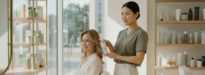 Hairstylist using Redavid Orchid Oil on a client in a bright salon with product shelves in the background.