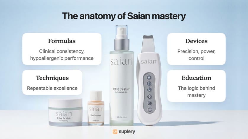 Saian skincare and device lineup infographic highlighting formulas, devices, techniques, and education pillars.