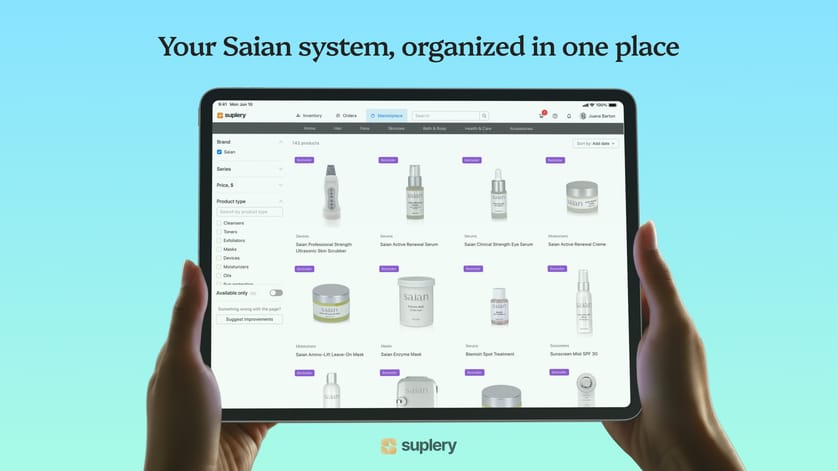 Tablet showing Suplery marketplace page with Saian professional skincare products organized for easy salon ordering.