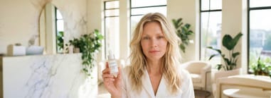 Woman holding a Saian skincare serum bottle in a bright, modern spa interior with natural light and plants.