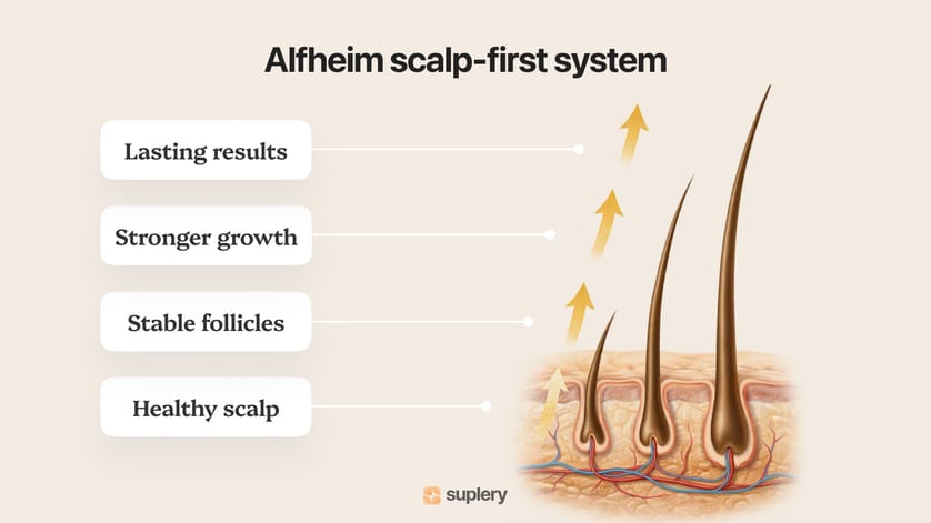  Infographic explaining the Alfheim scalp-first approach for lasting results, stronger growth, stable follicles, and a healthy scalp.