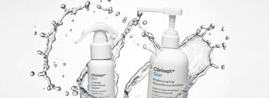 Clinisept+ Skin hypochlorous solution: travel-size spray and professional pump bottle with a dynamic water splash on a clean white background