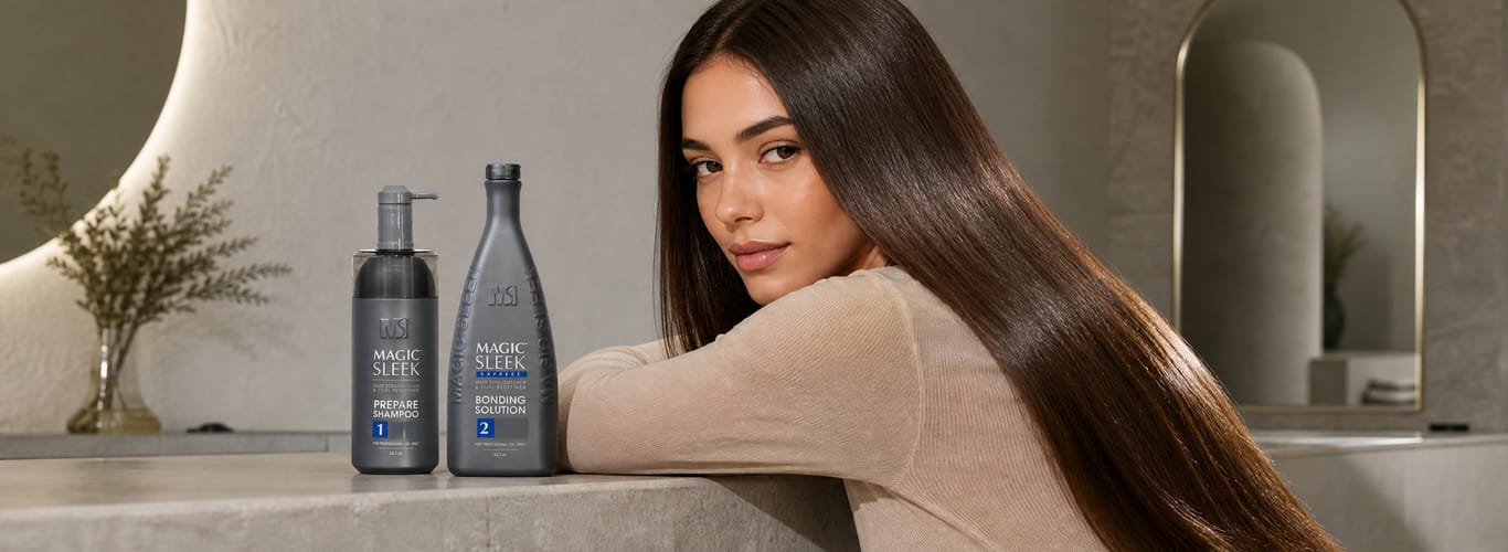 Woman with long, glossy straight hair resting beside two Magic Sleek bottles on a stone countertop in a calm, neutral-toned bathroom.