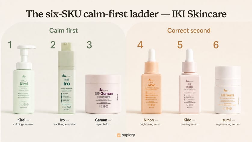 IKI Skincare six-step calm-first routine: Kirei, Iro, and Gaman to soothe, then Nihon, Kido, and Izumi serums to correct.