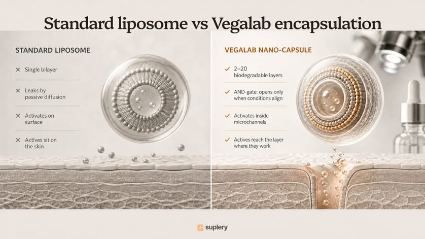 Comparison: standard liposome leaks on skin's surface vs Vegalab's nano-capsule that reaches deeper skin layers.