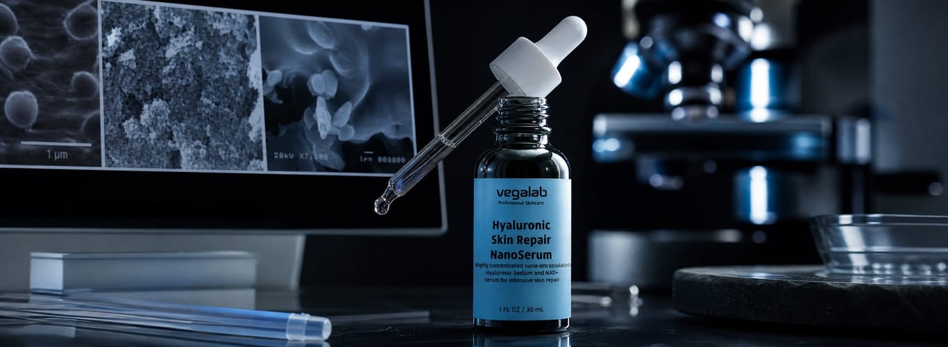 Vegalab Hyaluronic Skin Repair NanoSerum bottle in a lab, with microscope images of its nano-encapsulation.