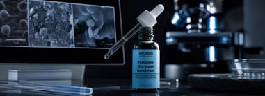 Vegalab Hyaluronic Skin Repair NanoSerum bottle in a lab, with microscope images of its nano-encapsulation.
