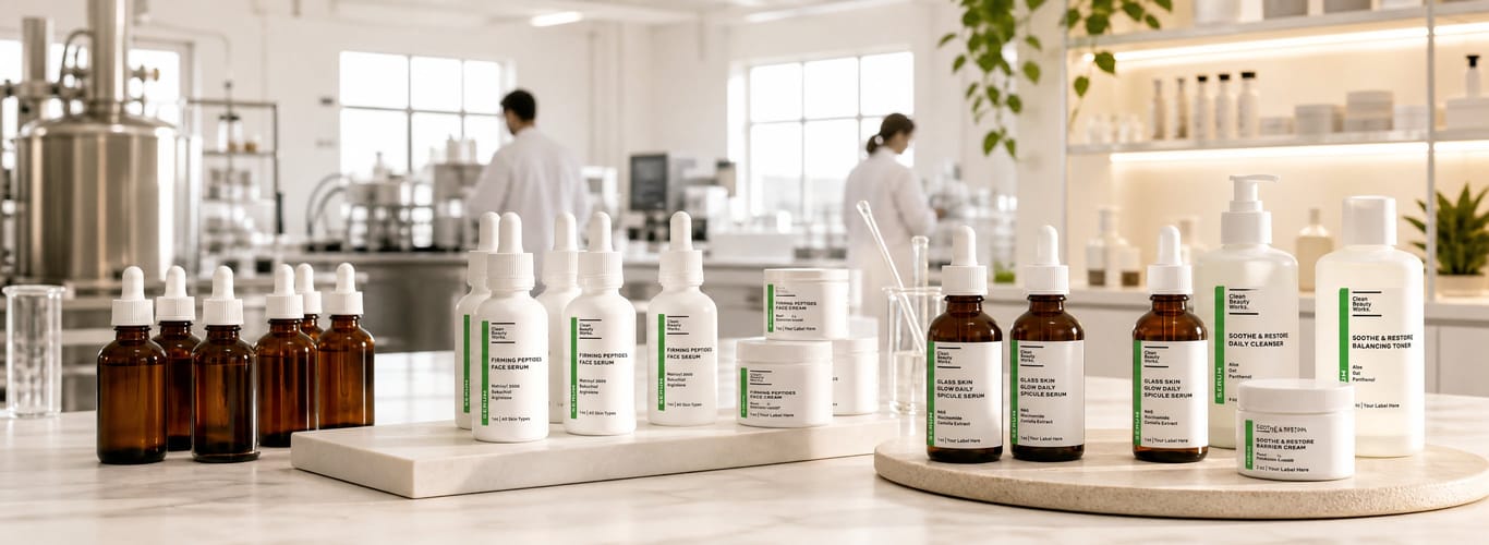 Clean Beauty Works private label skincare — peptide serums, spicule serums and barrier creams in a formulation lab.