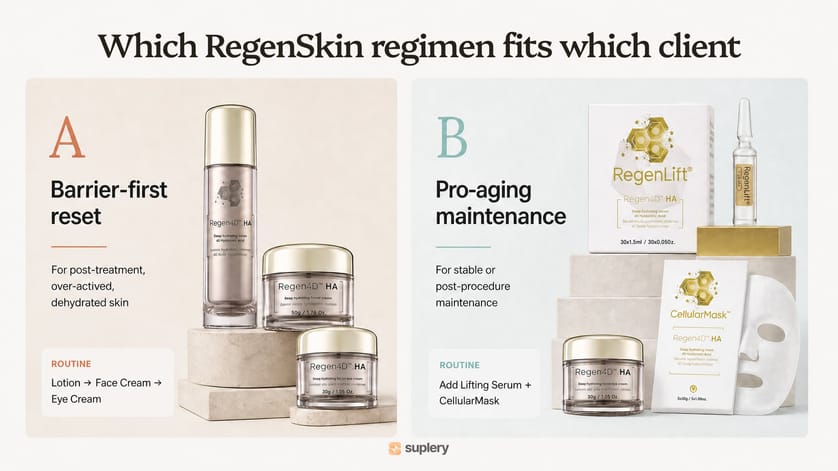 Two RegenSkin regimens: barrier-first reset (lotion, face cream, eye cream) for post-treatment skin, and pro-aging maintenance adding RegenLift serum and CellularMask.