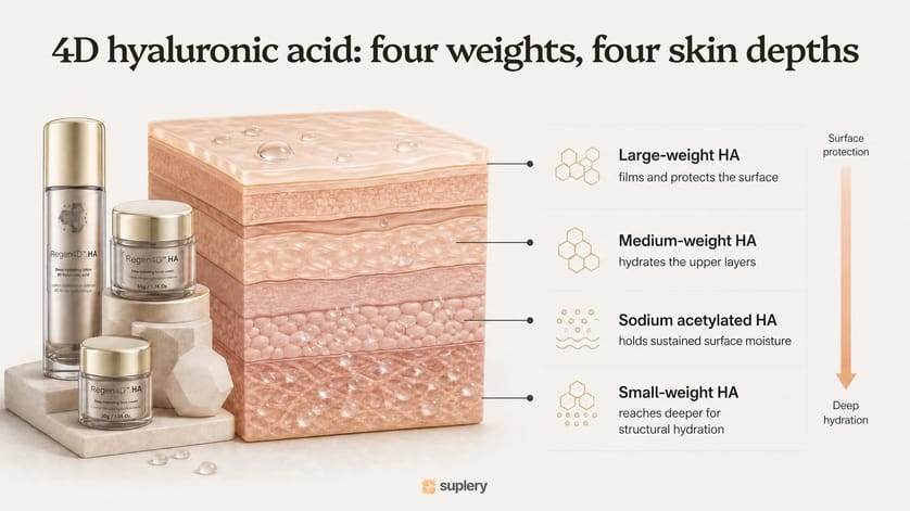 Skin cross-section showing where each of Regen4D HA's four hyaluronic acid weights works, from surface film to deep structural hydration.