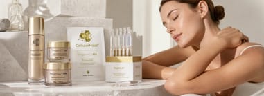 RegenSkin Regen4D.HA line — hydrating serum, cream, eye cream and CellularMask beside a relaxed spa client.