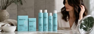 Viviscal Pro hair growth range — supplements, thickening shampoo, conditioner, hair serum and volumizing dry shampoo.
