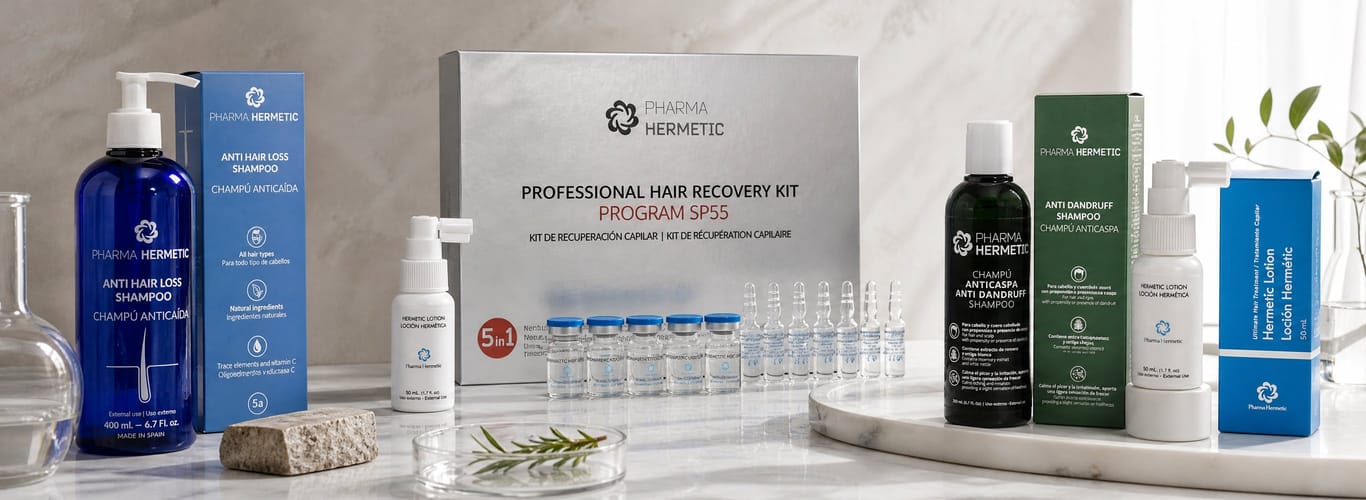 Pharma Hermetic Professional Hair Recovery Kit SP55 with anti-hair-loss and anti-dandruff shampoos and ampoules.