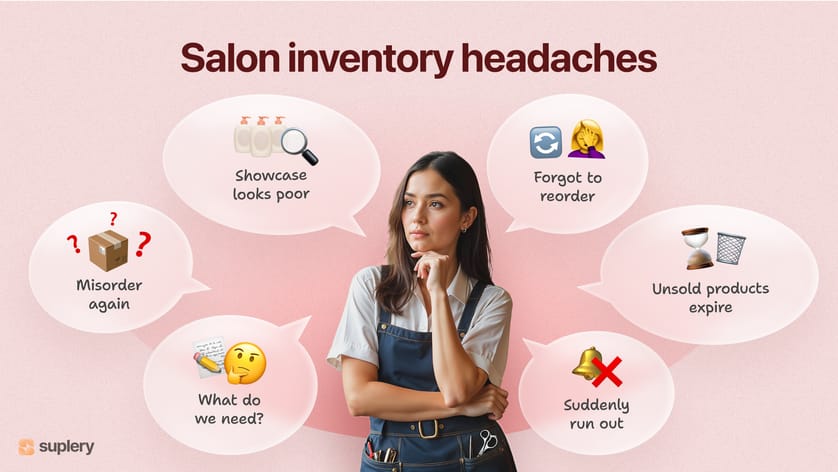 Infographic illustrating common salon inventory management issues faced by salon owners, such as stockouts, expired products, misorders, forgotten reorders, poor showcases, and uncertainty about inventory needs.