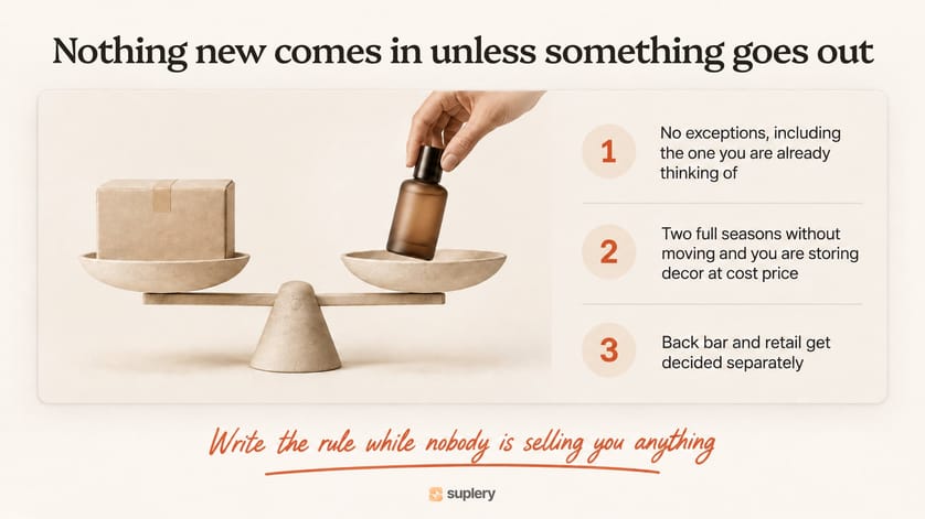 Salon stocking rule on a balance scale: nothing new comes in unless something goes out.
