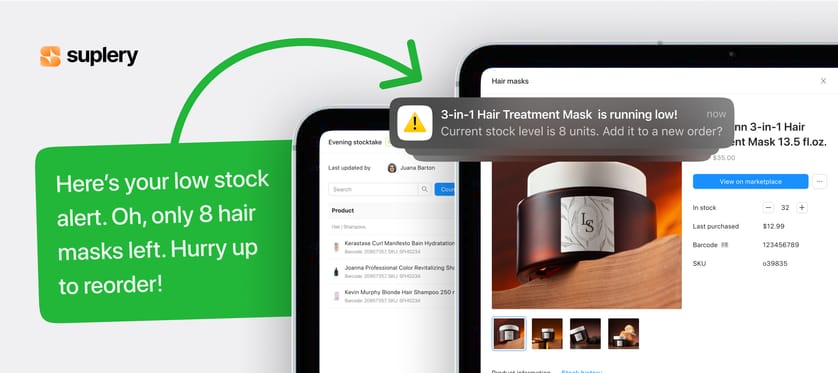 Suplery salon inventory management software displaying a low-stock alert notification for hair masks, prompting salon owners to reorder before stock runs out.