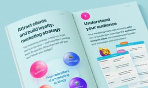 Guidebook pages showing core marketing pillars and audience analysis table for client attraction.