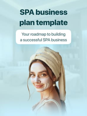SPA business plan template from Suplery cover showing a smiling woman wearing a towel and skincare facial mask, set against a calming, serene spa background.