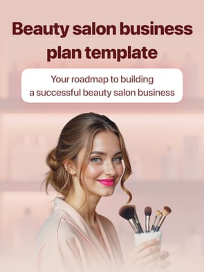 Beauty salon business plan template from Suplery featuring a smiling woman holding makeup brushes, set against a soft, pastel-toned salon background.