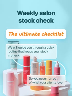 Weekly salon stock check ultimate checklist infographic featuring colorful salon products, guiding salon owners to maintain optimal stock levels and prevent running out of client favorites.