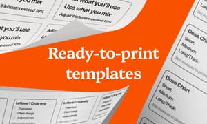  Ready-to-print salon templates with labels, dose charts, and waste check cards on orange background