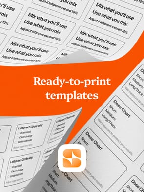 Ready-to-print salon templates with labels, dose charts, and waste check cards on orange background