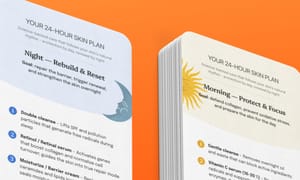 Stack of skincare routine cards titled “Your 24-hour skin plan,” showing morning and evening steps for protection and renewal.