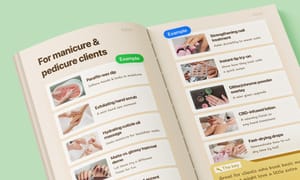 Salon guidebook with manicure and pedicure service ideas, featuring hand treatments and nail enhancements.