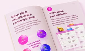 Salon marketing strategy guidebook pages highlighting audience analysis and loyalty-building methods.