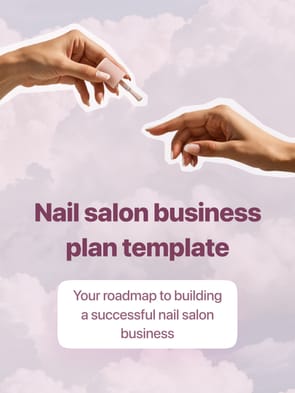 Nail salon business plan template from Suplery featuring two hands, one holding a nail polish bottle, set against a soft, pastel cloud background.