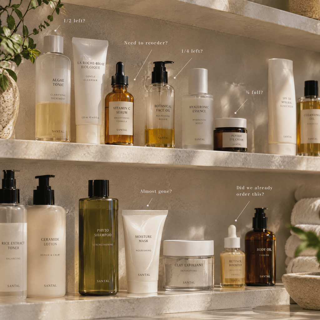 A salon shelf of products annotated with leftover-stock questions