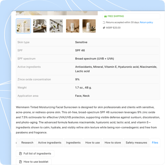 Detailed professional product specs