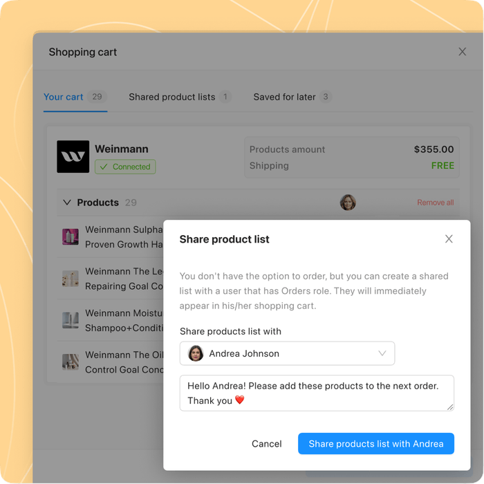 Sharing a product list with a user who can order