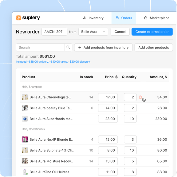 Shared supplier cart prepared for direct placement